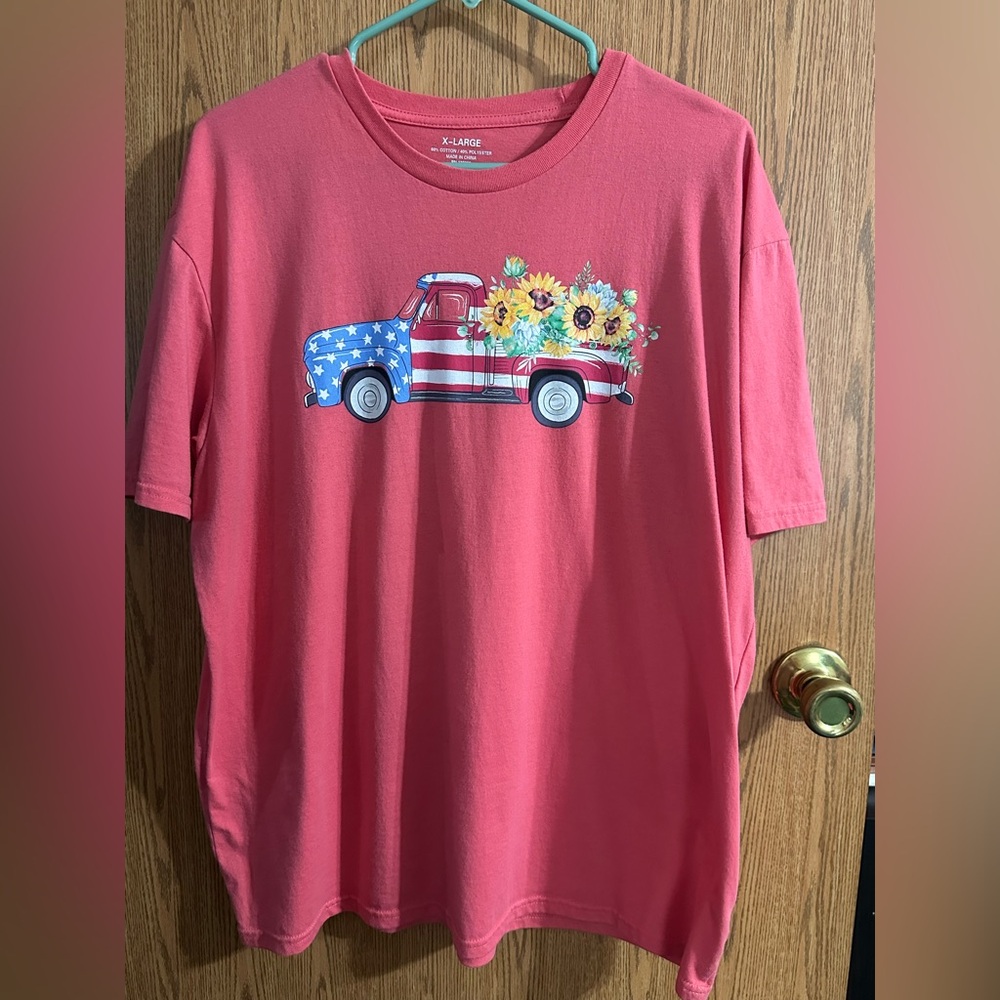 Patriotic Coral T-Shirt with Sunflowers Truck Graphic